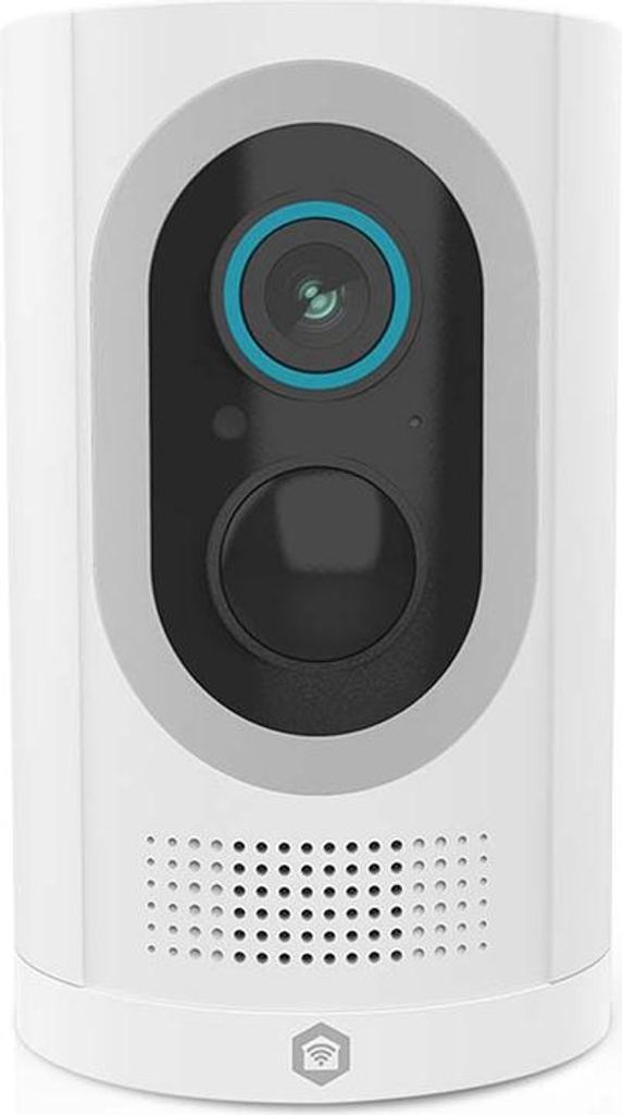A white smart security camera with a black lens and button, and a blue ring around the lens.
