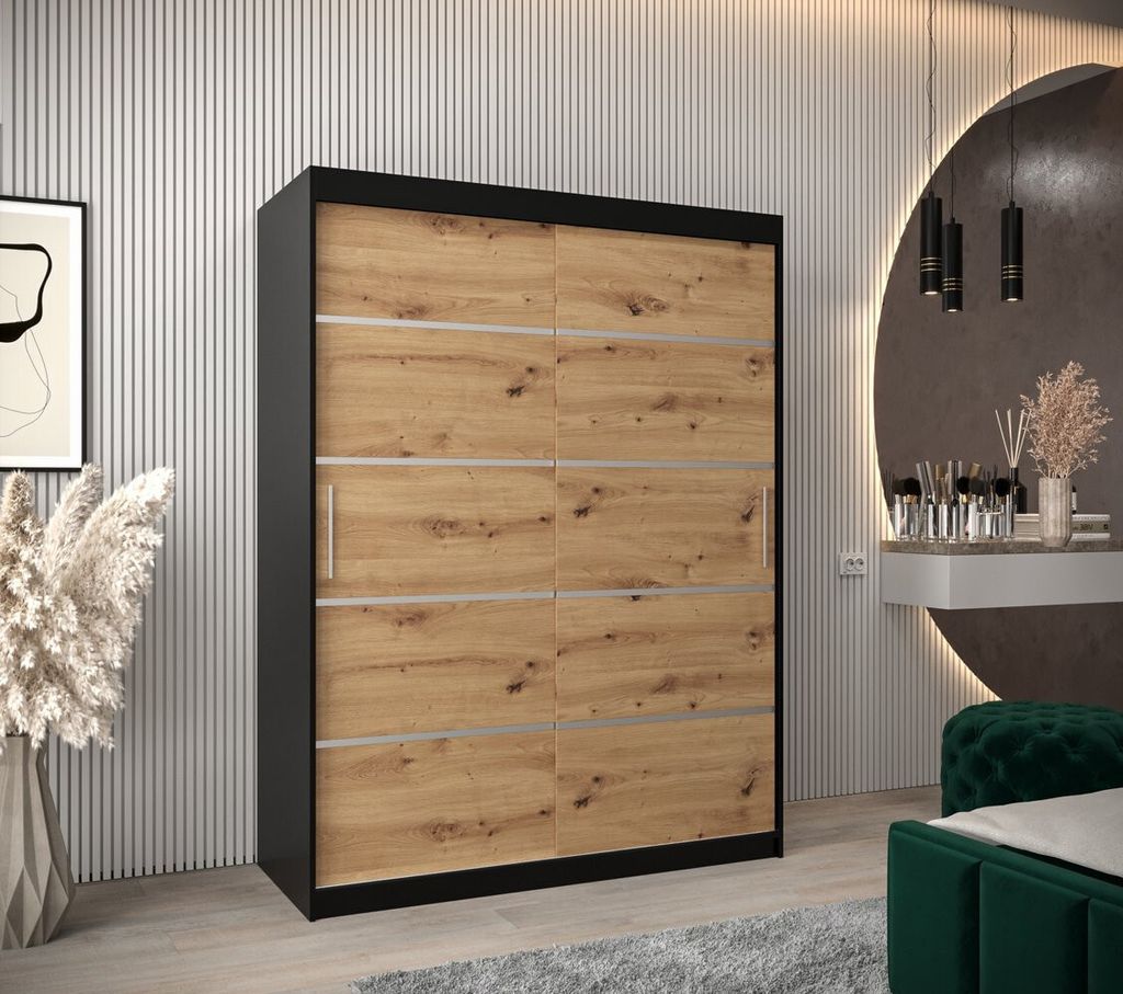 Kleiderschrank ENNI – Breite 150 cm, schwarz / Eiche artisan