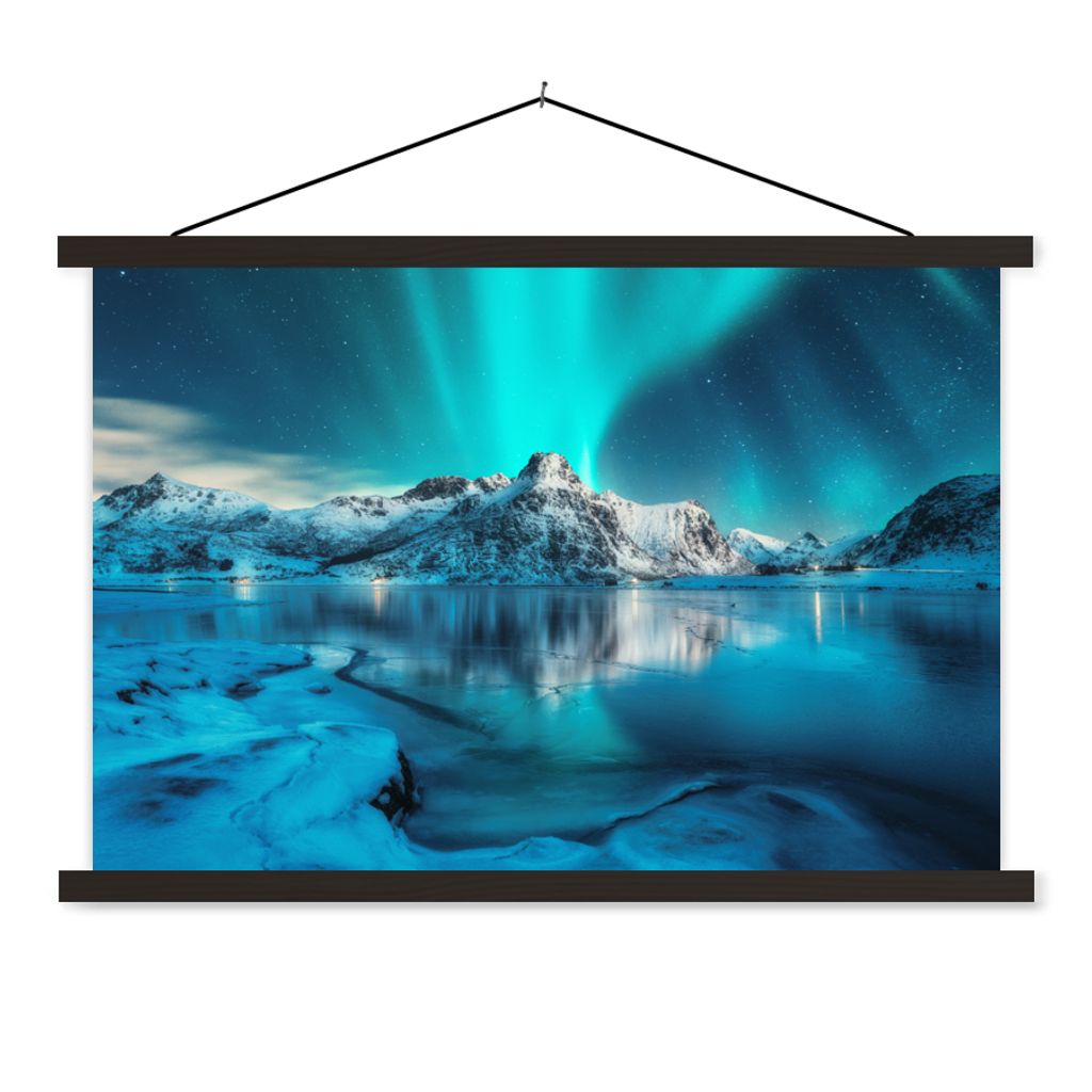 MuchoWow Textilposter Nordlicht - Eis - Schnee - Norwegen - Blau - Berge 90x60 cm mit schwarzem Rahmen - Aufhängungssatz