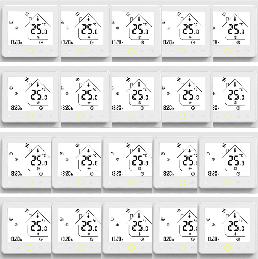 A grid of identical digital thermostats, each displaying the same temperature and time.