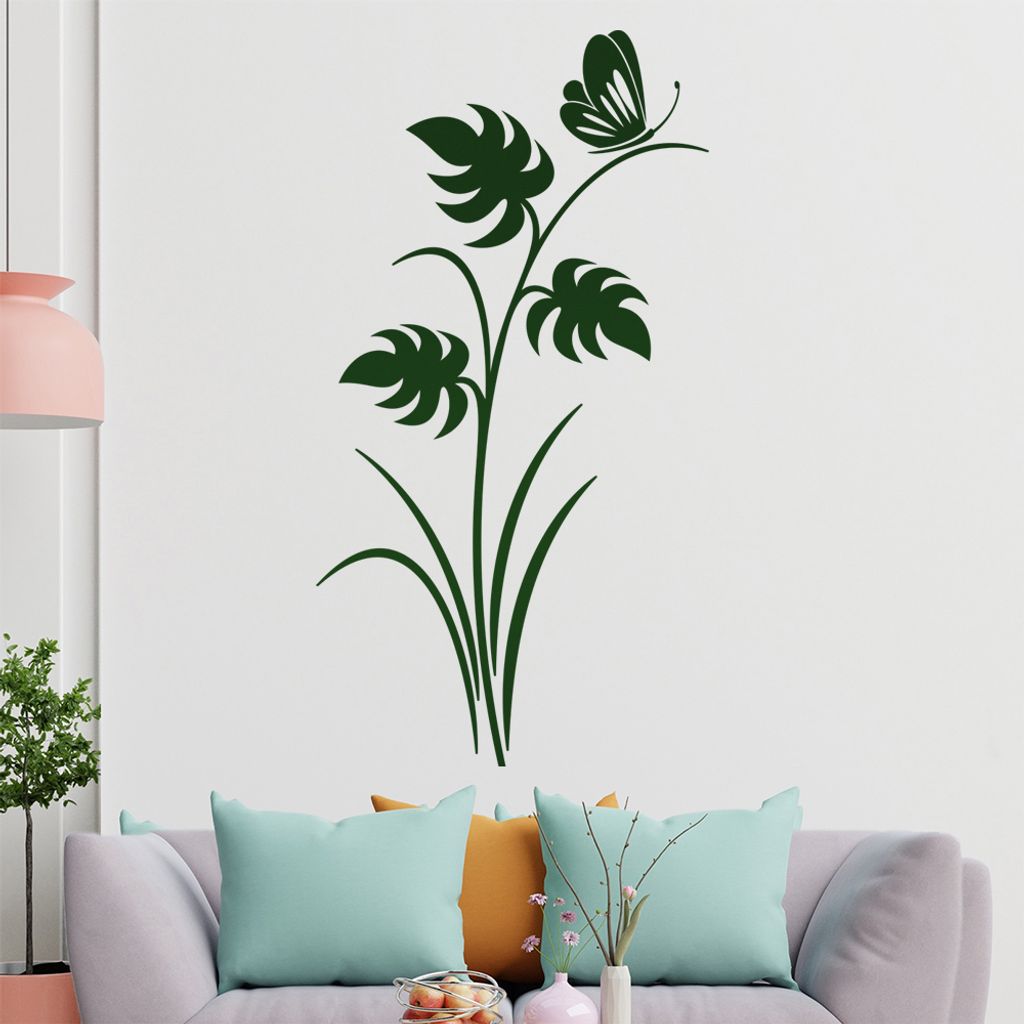 Schmetterling auf Pflanze Wandtattoo in 6 Größen - Wandaufkleber Wall Sticker - Dekoration, Küche, Wohnzimmer, Schlafzimmer, Badezimmer