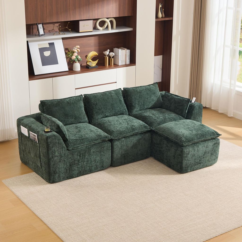 MODFU Dreisitzer Ecksofa,Modulares Big Sofa mit Fußhocker,Relaxsofa mit Kissen, Getränkehalter und 2 Seitentaschen,Chenille,Dunkelgrün