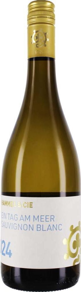 A bottle of white wine against a white background.