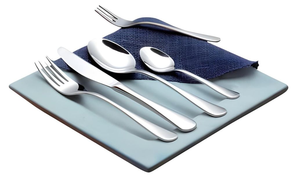 A set of stainless steel cutlery arranged on a light blue plate and a dark blue napkin.