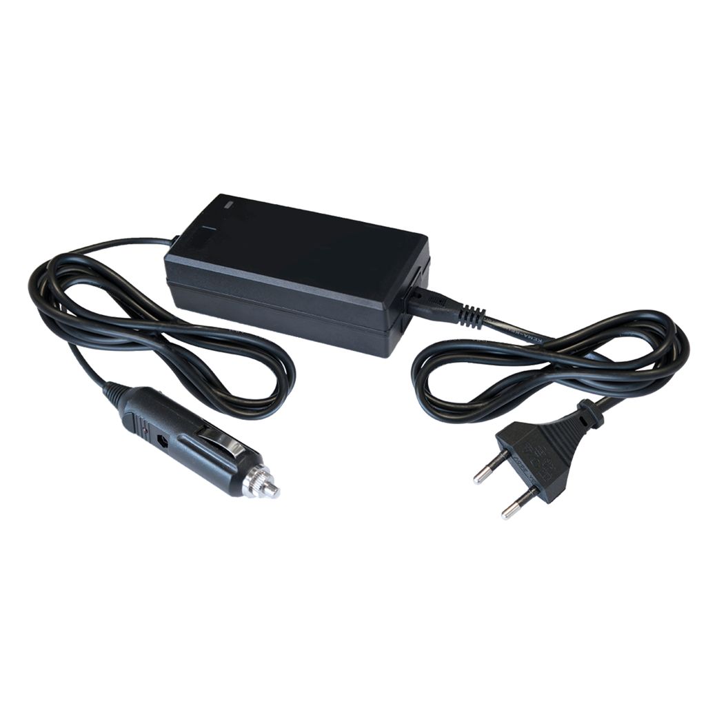 A black car charger adapter with two cables and plugs, presented on a white background.