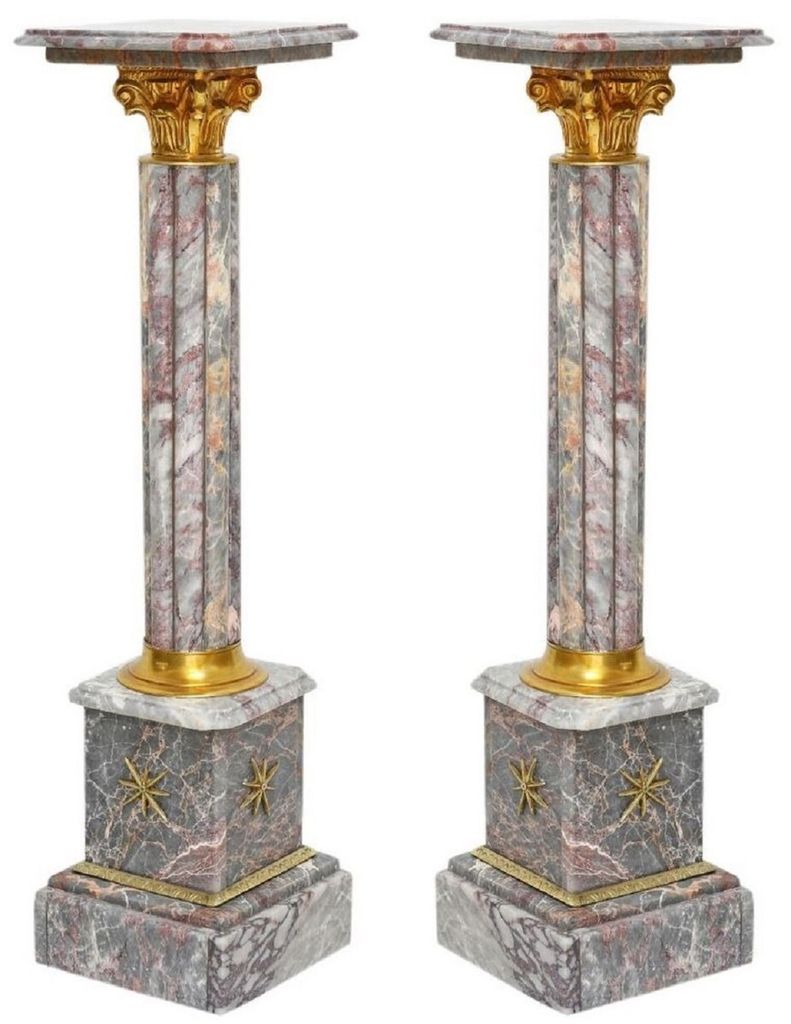 Casa Padrino Barock Marmor Säulen Set Grau / Gold - Prunkvolle Deko Säulen im Barockstil - Barock Deko Accessoires - Edel & Prunkvoll