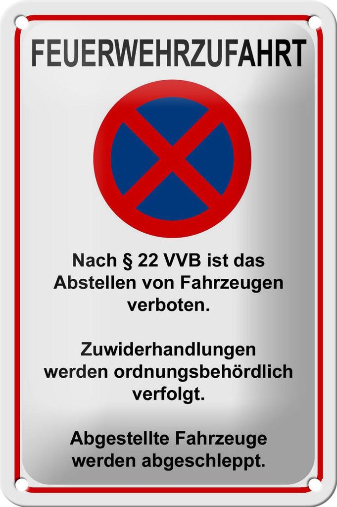 Blechschild Hinweis 12x18cm Feuerwehrzufahrt nach §22VVB