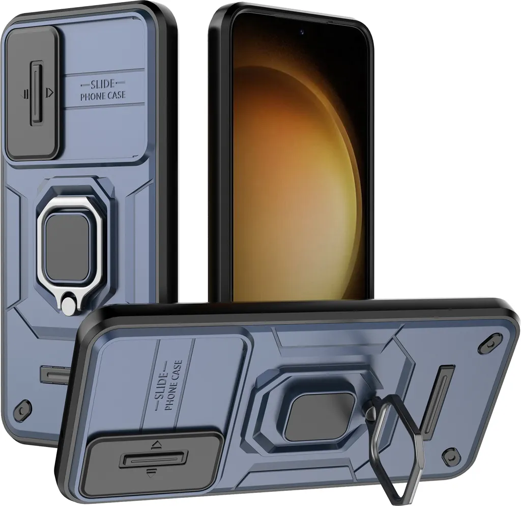Cover Rugged S23 Plus Blu con Proteggi Obiettivo e Kickstand Ring