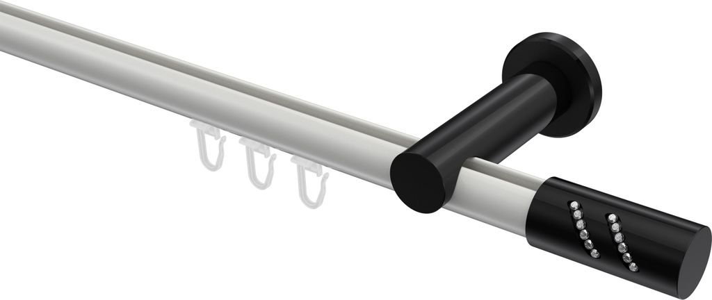 Interdeco Innenlaufstange / Gardinenstange mit Innenlauf Weiß / Schwarz, Typ Platon Zoena (Glitzerzylinder), 20 mm Ø 1-läufig, 420 cm