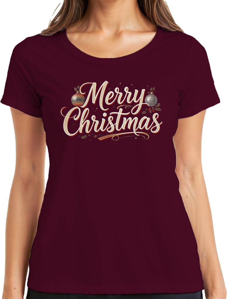 Merry Christmas Weihnachten Weihnachtskugeln Handlettering Retro Damen T-Shirt, Burgundy, L