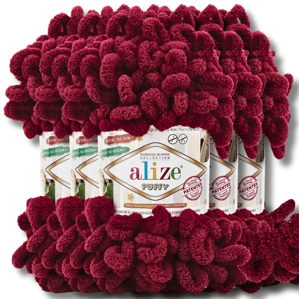 Alize 5x 100g Puffy Wolle, Uni, Häkeln, Stricken (Burgundy - 987)