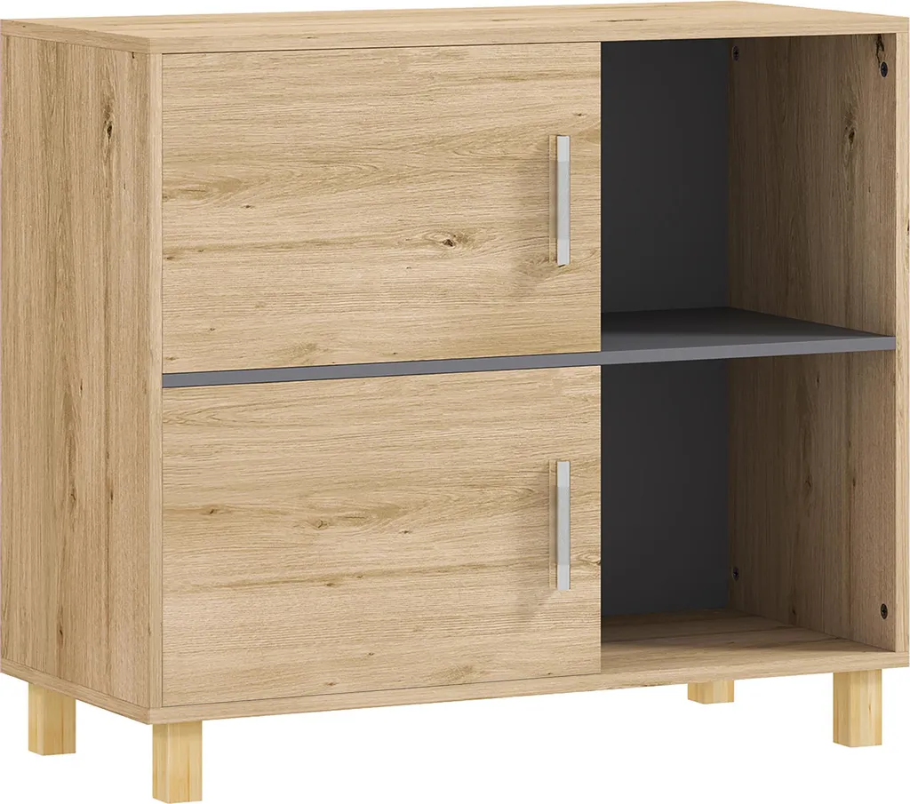 Armoire de rangement salle de bain basse en bois clair avec étagères