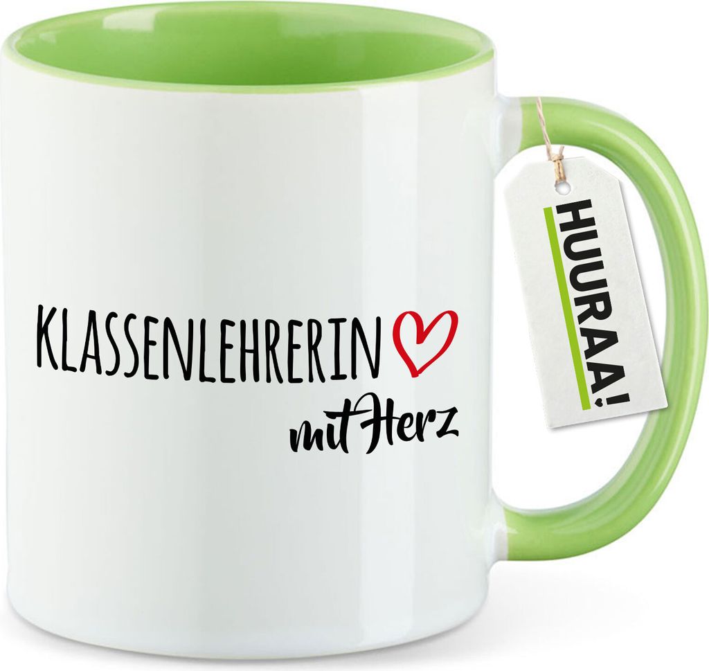Huuraa Kaffeetasse Klassenlehrerin mit Herz 330ml Grün Keramik Kaffeebecher Geschenkidee