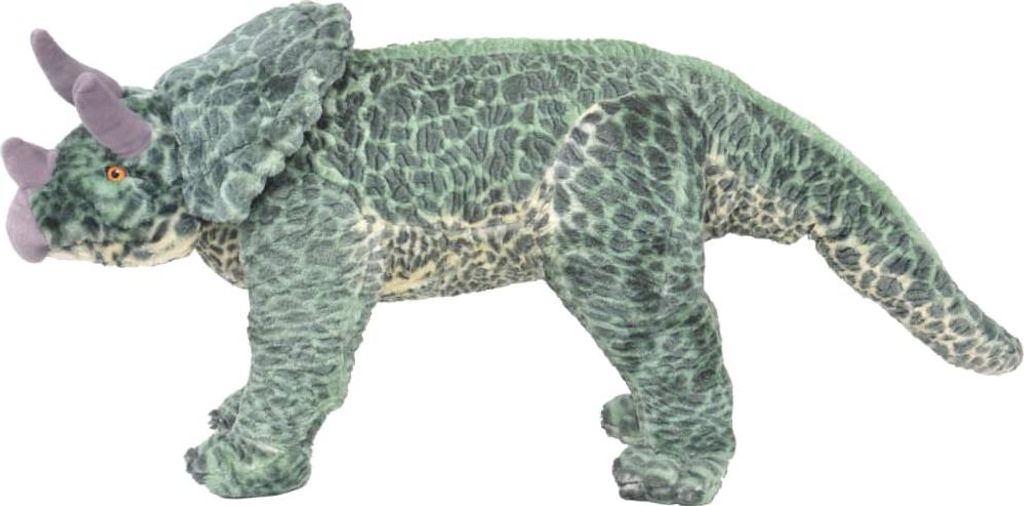 A plush toy Triceratops dinosaur is shown from the side against a white background.