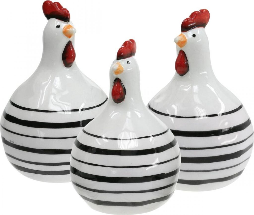 Deko Huhn Keramik Weiß Schwarz Streifen Ø 7cm H11cm Set 3 St Küken Figur Tischdeko Haus Garten, 3 Stück