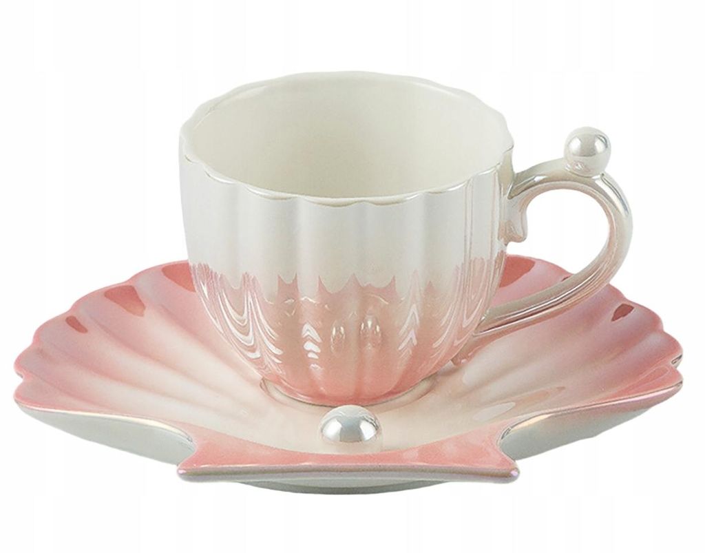Kaffeetasse mit Untertasse 240 ml – Muschel Design mit Perlenmotiv, Porzellan Tasse Pink, Elegante Teetasse Geschenkidee