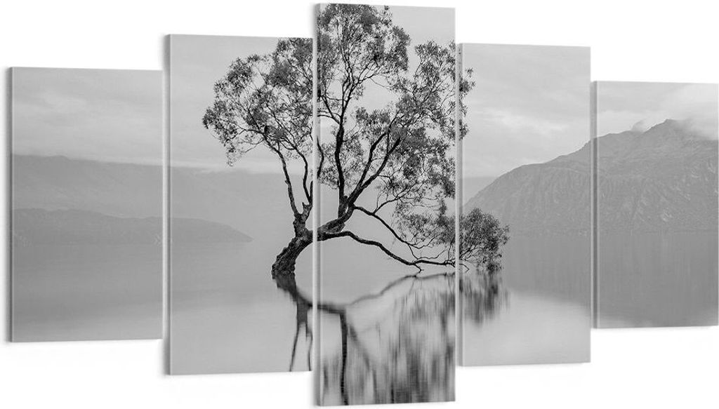 Bild auf Leinwand - Leinwandbild - 5 Teile - Baum Symmetrie See - 160x85cm - Wand Bild - Wanddeko - Wandbilder - Leinwanddruck - Bilder - Wanddekor...