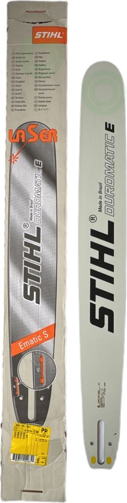 A Stihl chainsaw bar and its packaging are displayed against a white background.