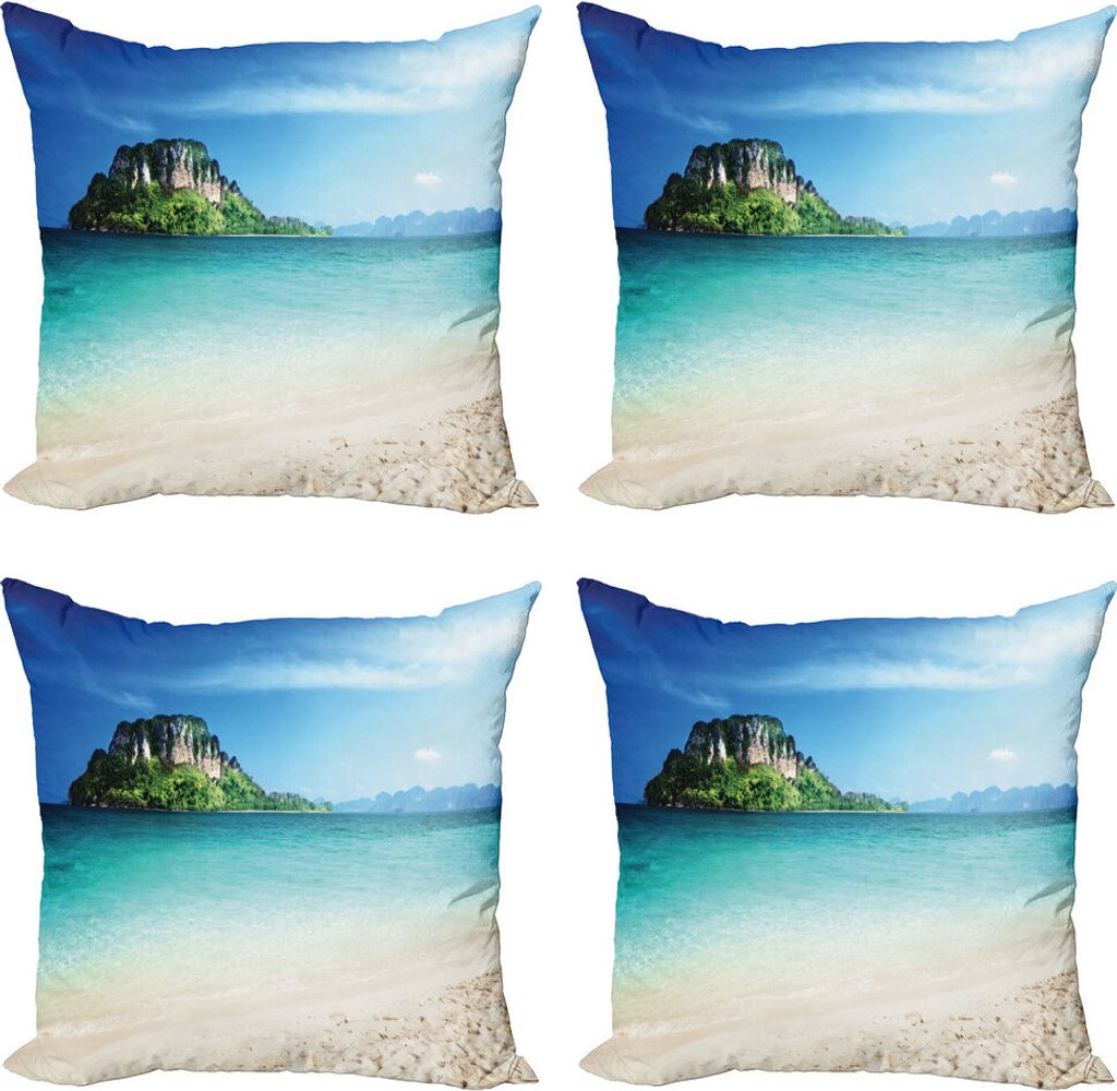 ABAKUHAUS Strand Kissenbezug Set (4 Stück), Tropic Insel-Landschaft, Moderner Doppelseitiger Digitaldruck, 50 cm x 50 cm, Blau Creme Grün
