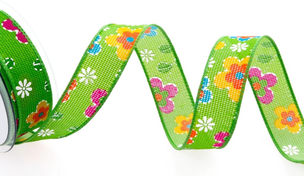 Dekoband "Fancy Rustic Flowers" - grün - 25mm - 10m - 90126-25-10-60