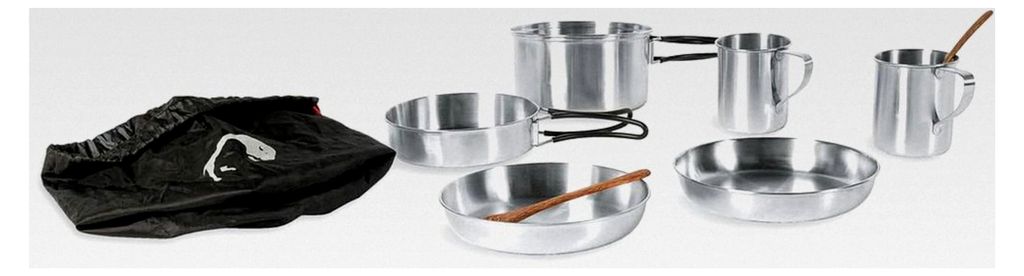 Camping-Kochgeschirr Set für zwei Personen (8-teilig) - Edelstahl-Geschirr für Picknicks - Inklusive Topf, Pfanne, 2 Tellern, 2 Tassen mit Henkel...