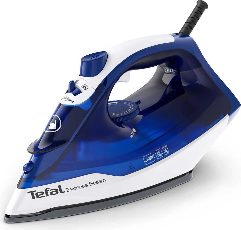 A studio shot of a blue and white Tefal steam iron against a white background.