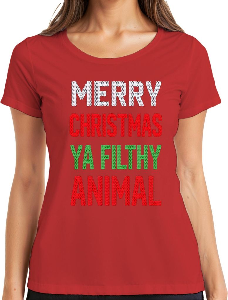 Merry Christmas Ya Filthy Animal Weihnachten Strickoptik ugly sweater Damen T-Shirt, Rot, S