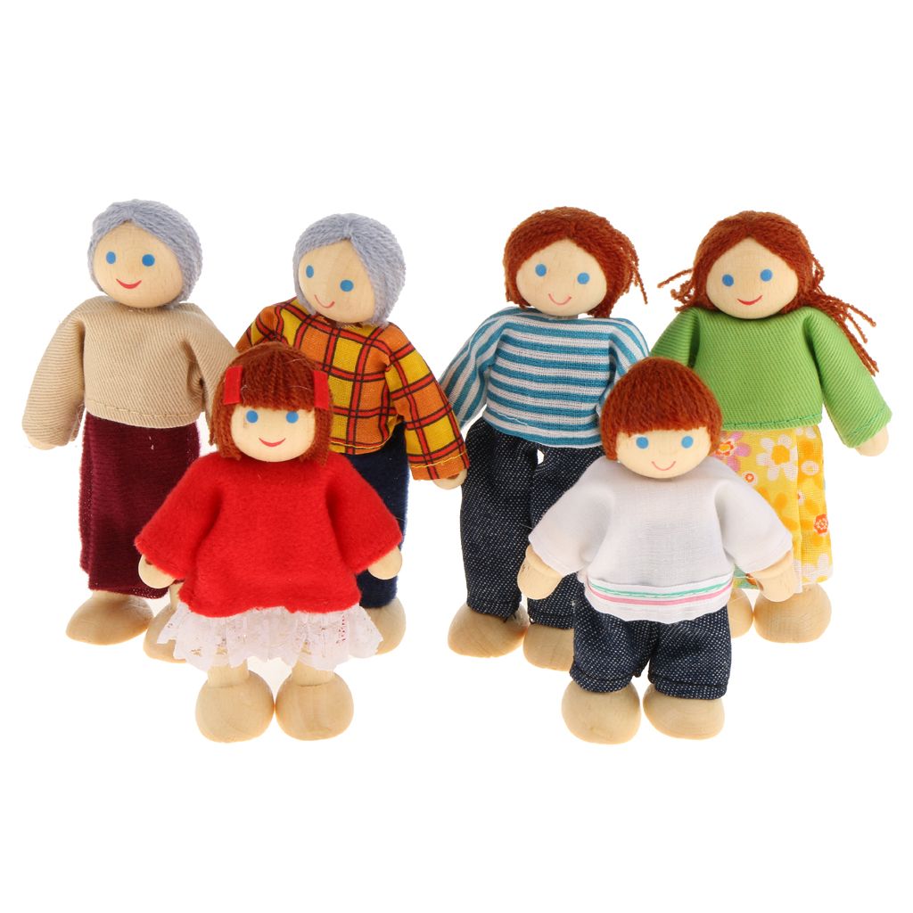7x Personen Puppenfamilie Holz & Stoff Puppen Biegepuppen Puppenhaus Spiezeug