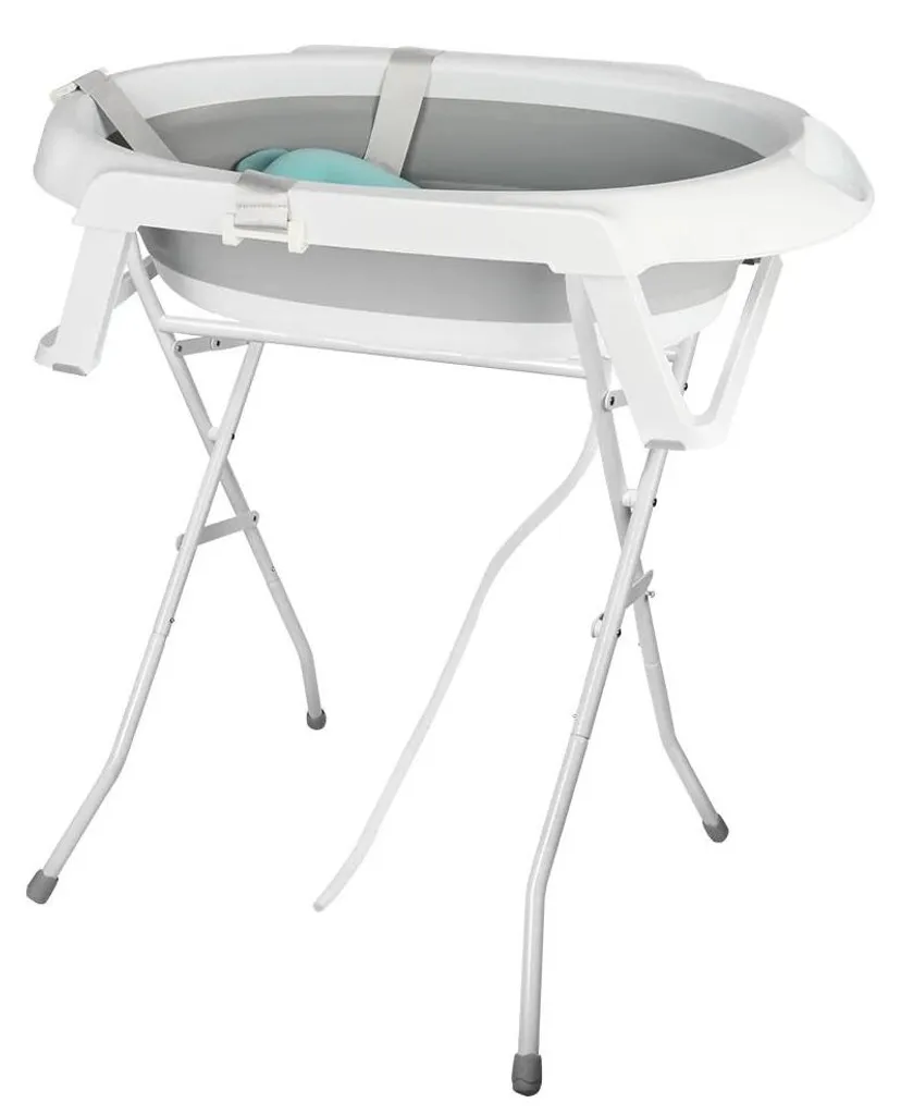 Baignoire bébé pliable grise avec support stable et coussin de bain