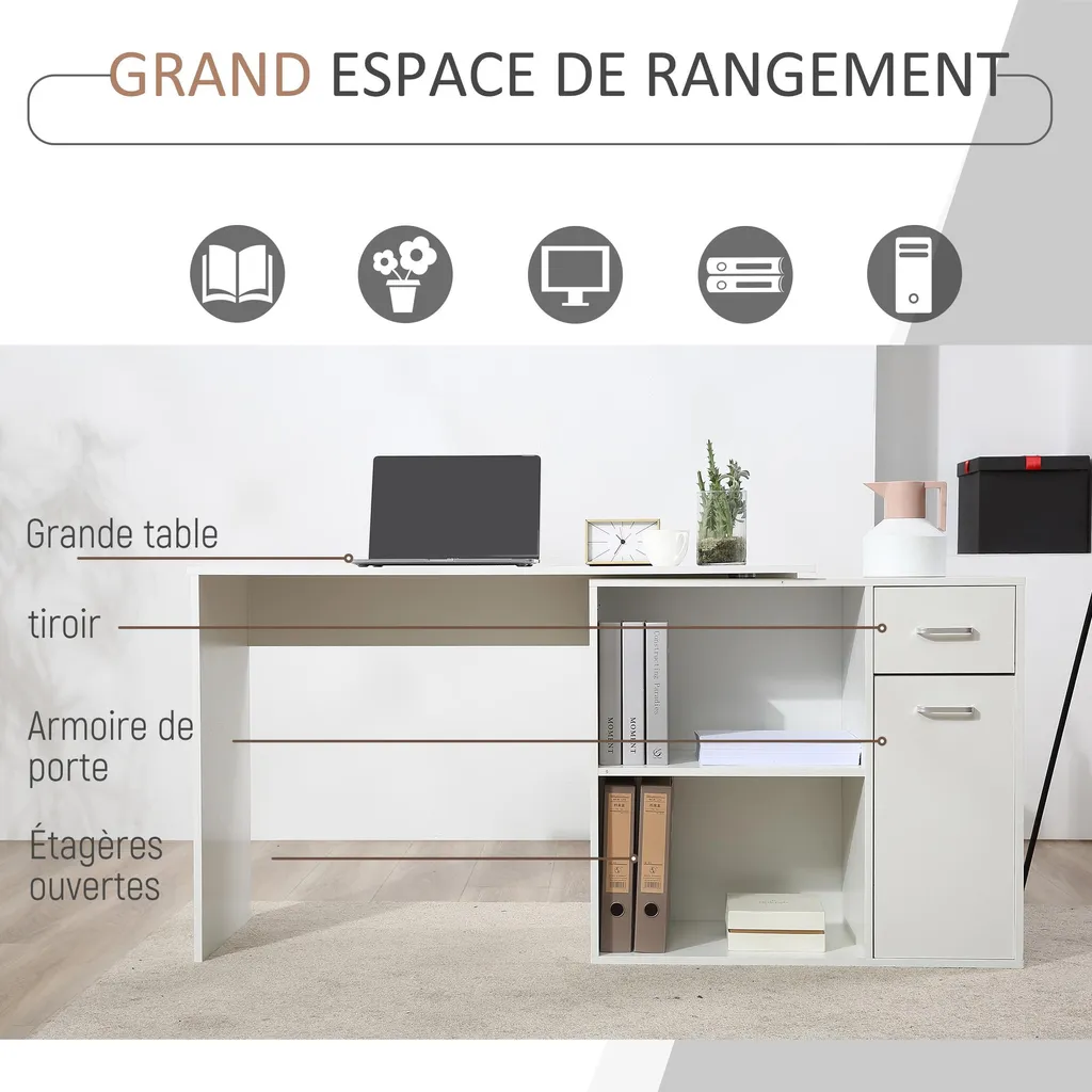 Bureau d'Angle Blanc 117 cm : Solution Gain de Place pour Rangement - 6