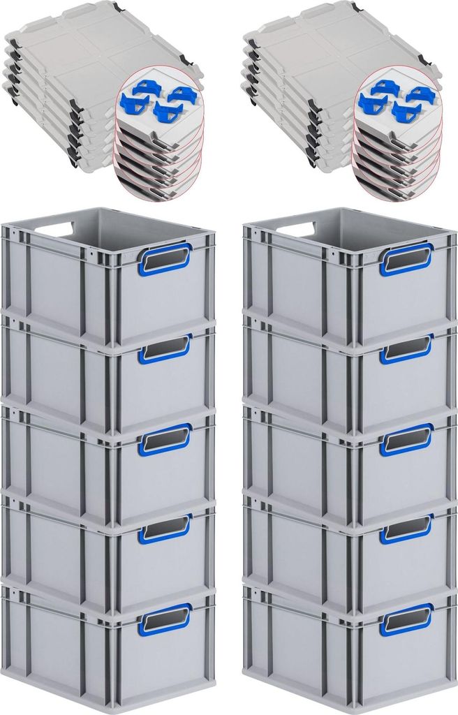 SparSet 10x Eurobox NextGen Color mit Auflagedeckel und Schiebeschnappverschlüsse | HxBxT 22x30x40cm | 20 Liter | Griffe blau offen | Glatter Bode...