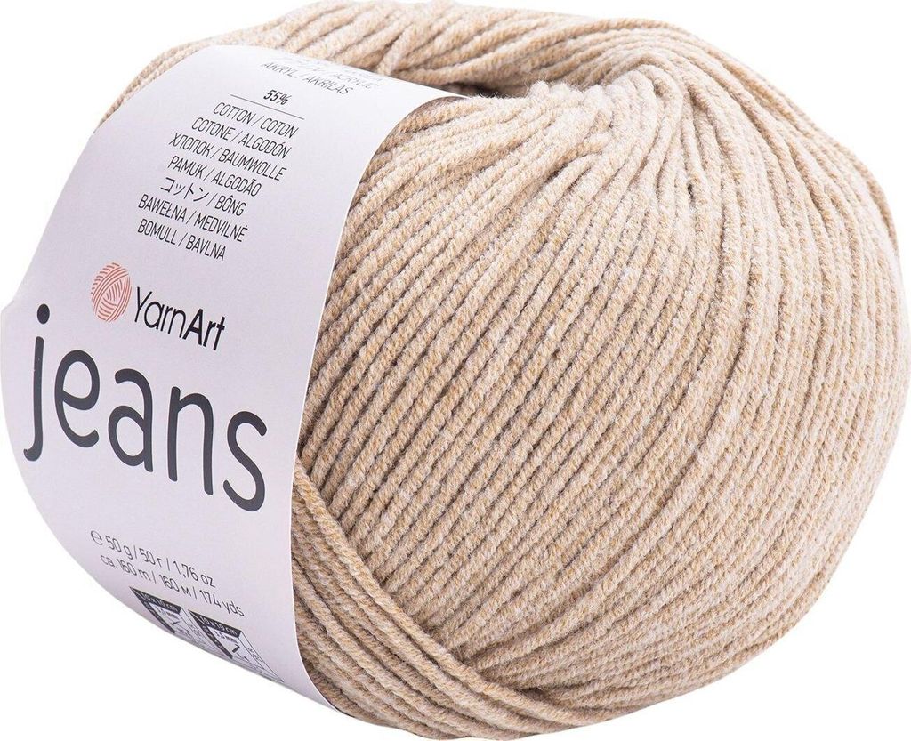 A ball of beige yarn with a label.