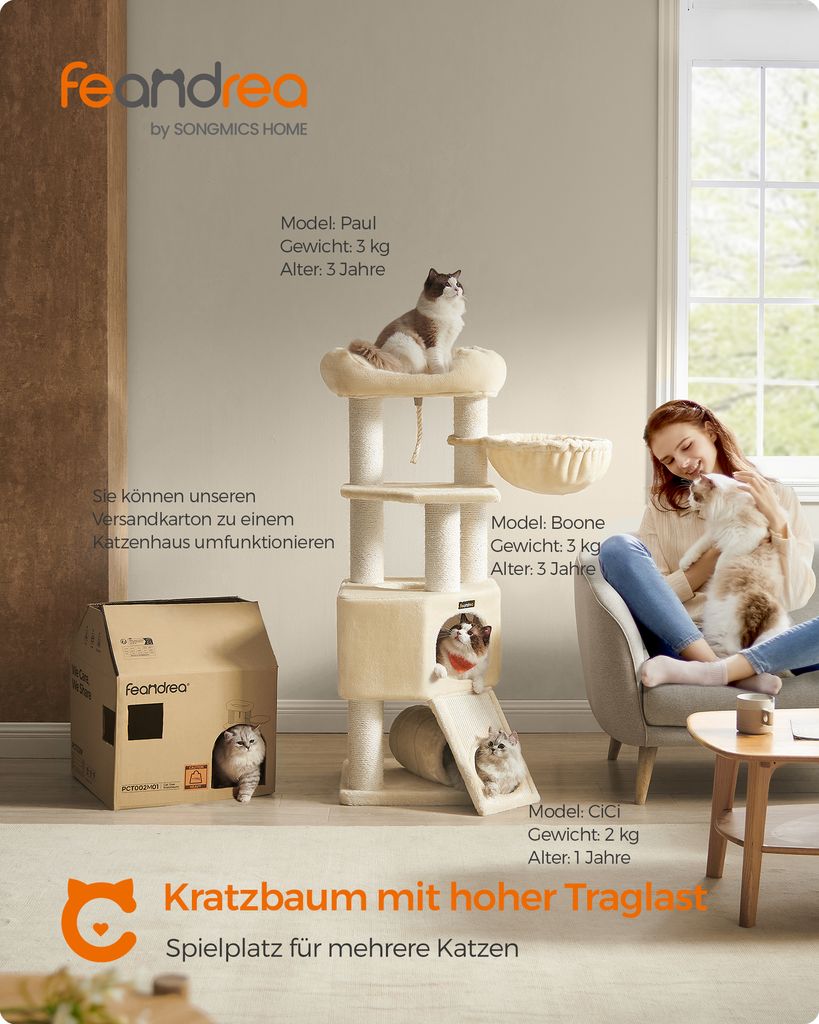 FEANDREA Kratzbaum größer, 141cm, dicken Säule, stabil, Produktbild 