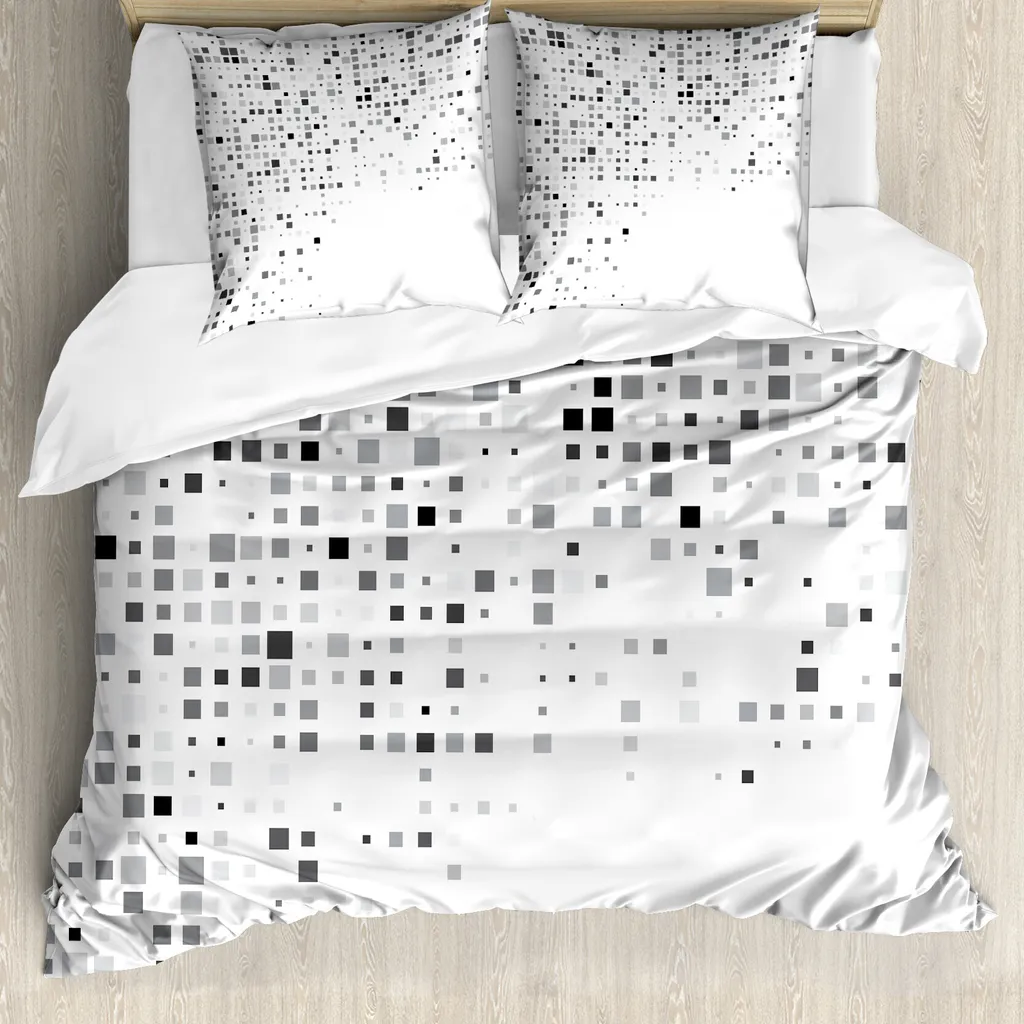 ABAKUHAUS Set copripiumino digitale per letti matrimoniali, motivo geometrico, antiacaro, adatto a chi soffre di allergie, con federe, bianco cenere