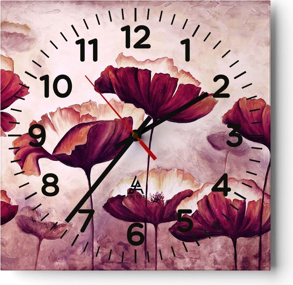 Wanduhr - Quadrat - Glasuhr - Mohn Blume Wiese - 30x30cm - Schleichendes Uhrwerk - Lautlos - zum Aufhängen bereit - Dekoration Modern - Wanddekora...
