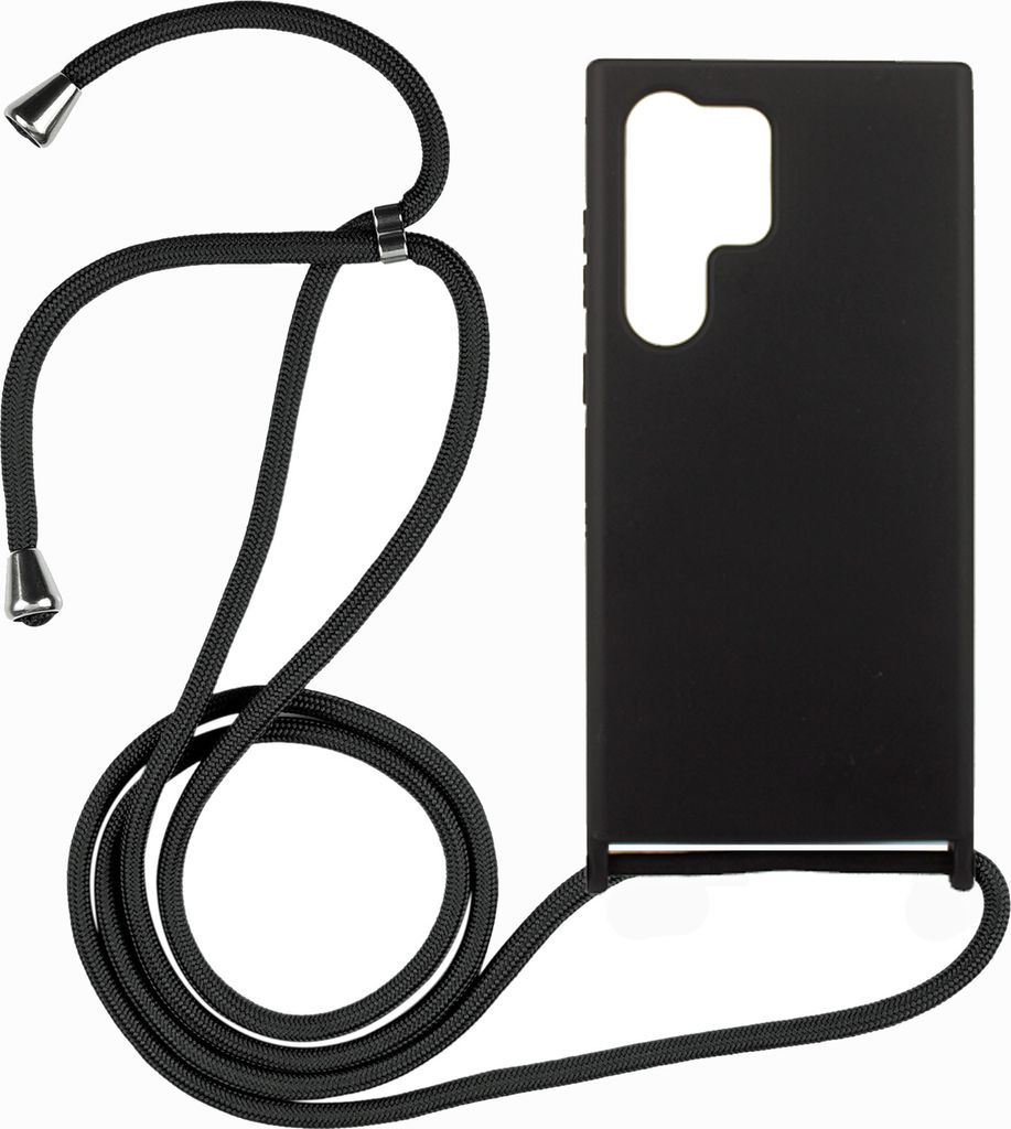 Handyhülle Schwarz mit Handykette Band für Samsung S23 Ultra Silikon Schutzhülle Case zum Umhängen Crossbody