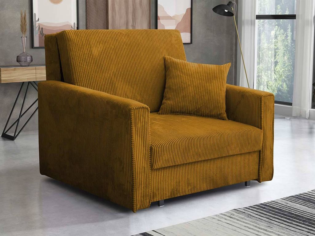 A mustard yellow corduroy sofa bed is shown in a living room setting.