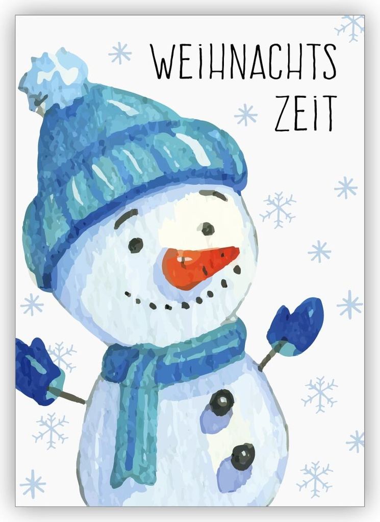 4x Fröhliche gemalte Winter Weihnachtskarte mit fröhlichem Schneemann: Weihnachts zeit