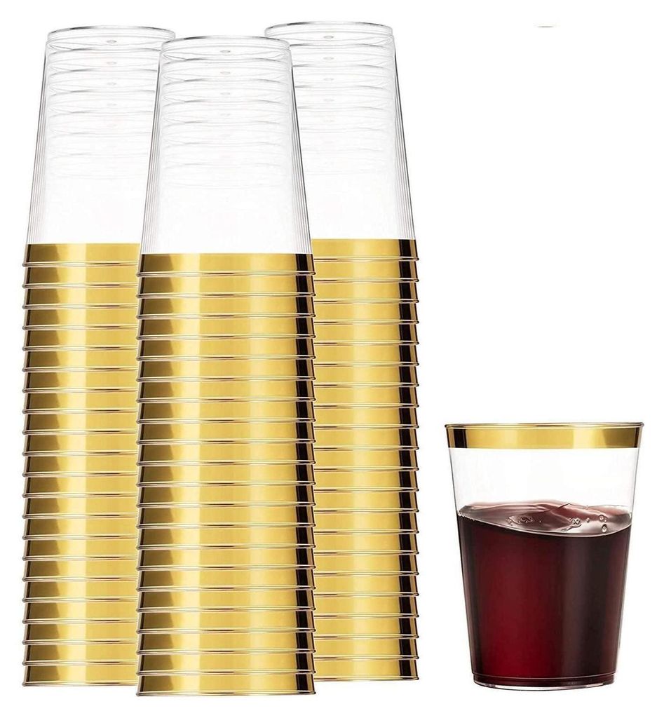 50 Stück Plastikbecher mit Goldrand 360ml - Elegante Party Produktbild 