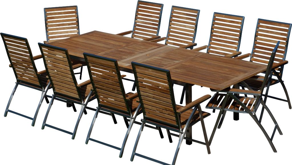 ALEOS. Gartengarnitur Edelstahl A-Grade Teak Set: Ausziehtisch 200 auf 240 auf 280 cm x 100 cm + 10 Teak-Edelstahl klappbare Hochlehner, Sitzgruppe...