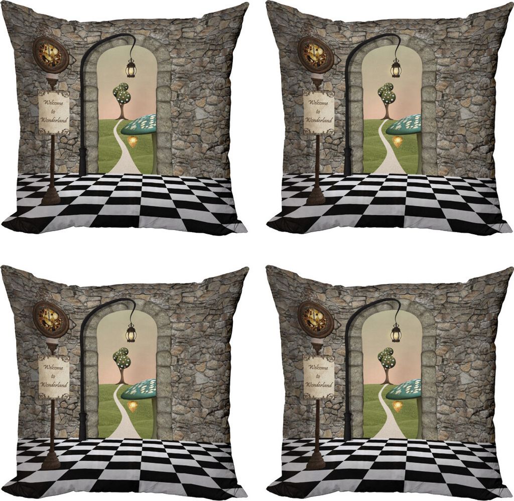 ABAKUHAUS Alice im Wunderland Kissenbezug Set (4 Stück), Märchen Motiv, Moderner Doppelseitiger Digitaldruck, 45 cm x 45 cm, Mehrfarbig