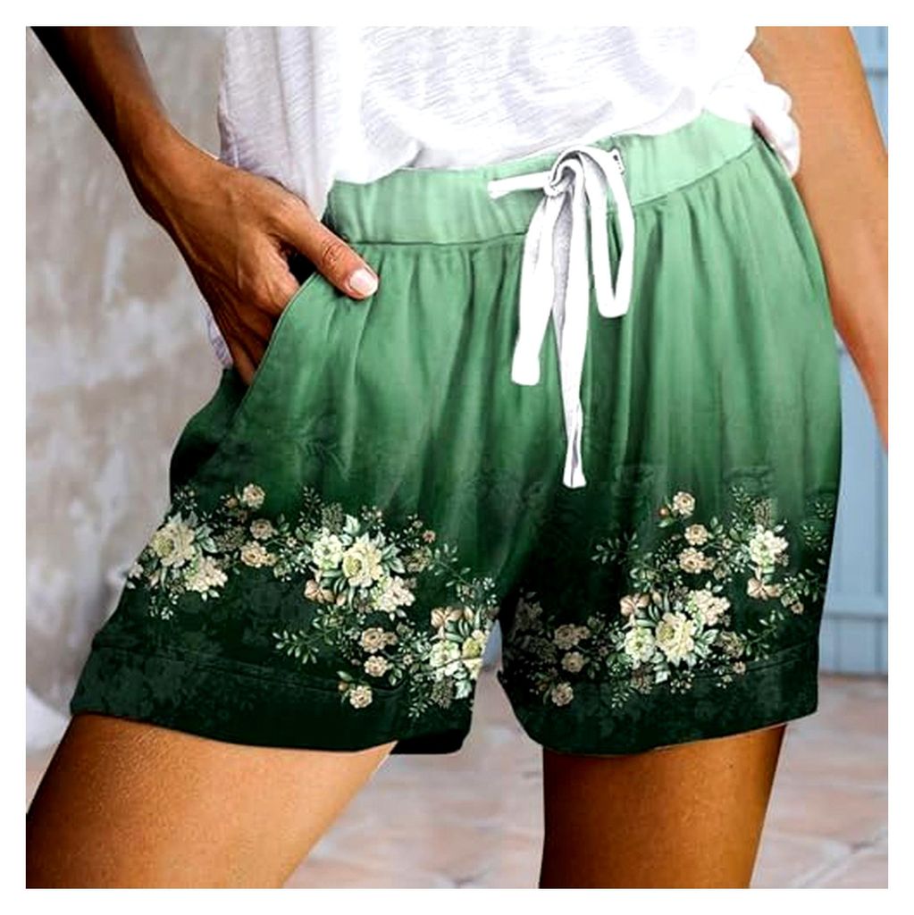 Damen Shorts Grün, Kurze Hose für Wandern, Elastische Laufshorts, Luftige Sommershorts, High Waist Damen-Shorts, Gedruckte Strandhose, Gerades Be...