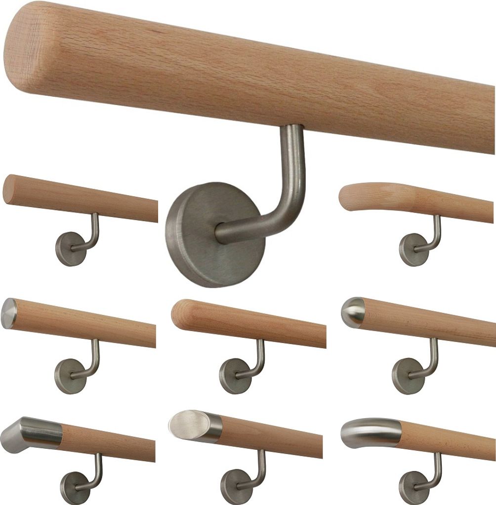 TIBU Buche unbehandelt Holz Handlauf Geländer 0,3m - 5m, Länge 130 cm, Ende Radius gefräst und 2 gewinkelte Halter