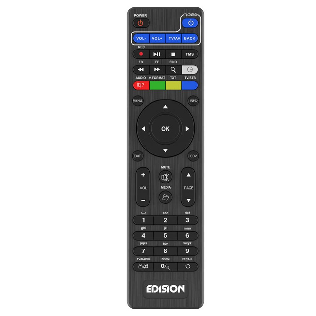 A black remote control with various buttons and labels, presented on a white background.