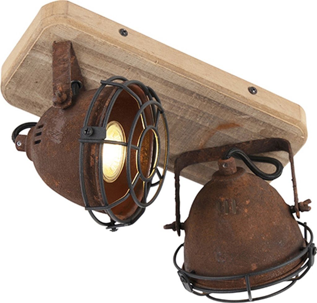 QAZQA - Industrie I Vintage I IndustrieSpot I Spotlight I Deckenspot I Deckenstrahler I Strahler I Lampe I Leuchte rostbraun mit Holz kippbar 2-fla...