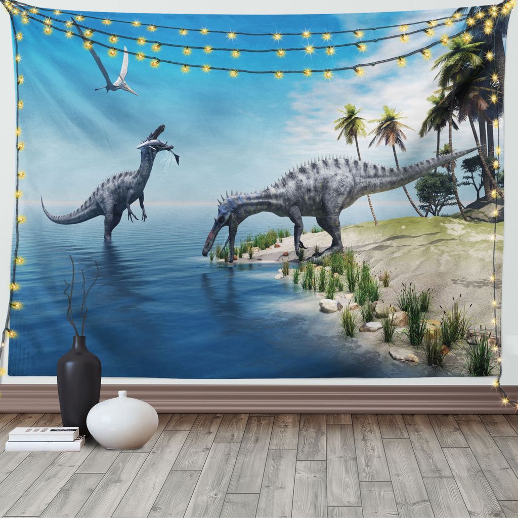 ABAKUHAUS Tier Wandteppich, Wilde Suchomimus Dinosaurier, Wohnzimmer Schlafzimmer Wandtuch Seidiges Satin Wandteppich, 150 x 100 cm, Grün Blau Grau