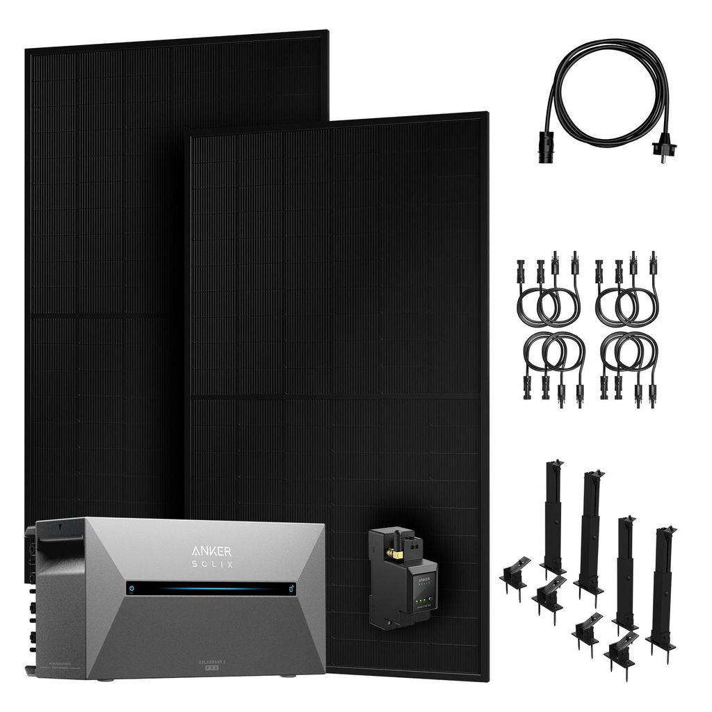 Powerness Balkonkraftwerk mit Anker SOLIX E1600 Pro & 1000W Bifazial Solarmodule mit Smart Meter & 1 Set Fassaden & Flachdach Halterung(Schwarz)