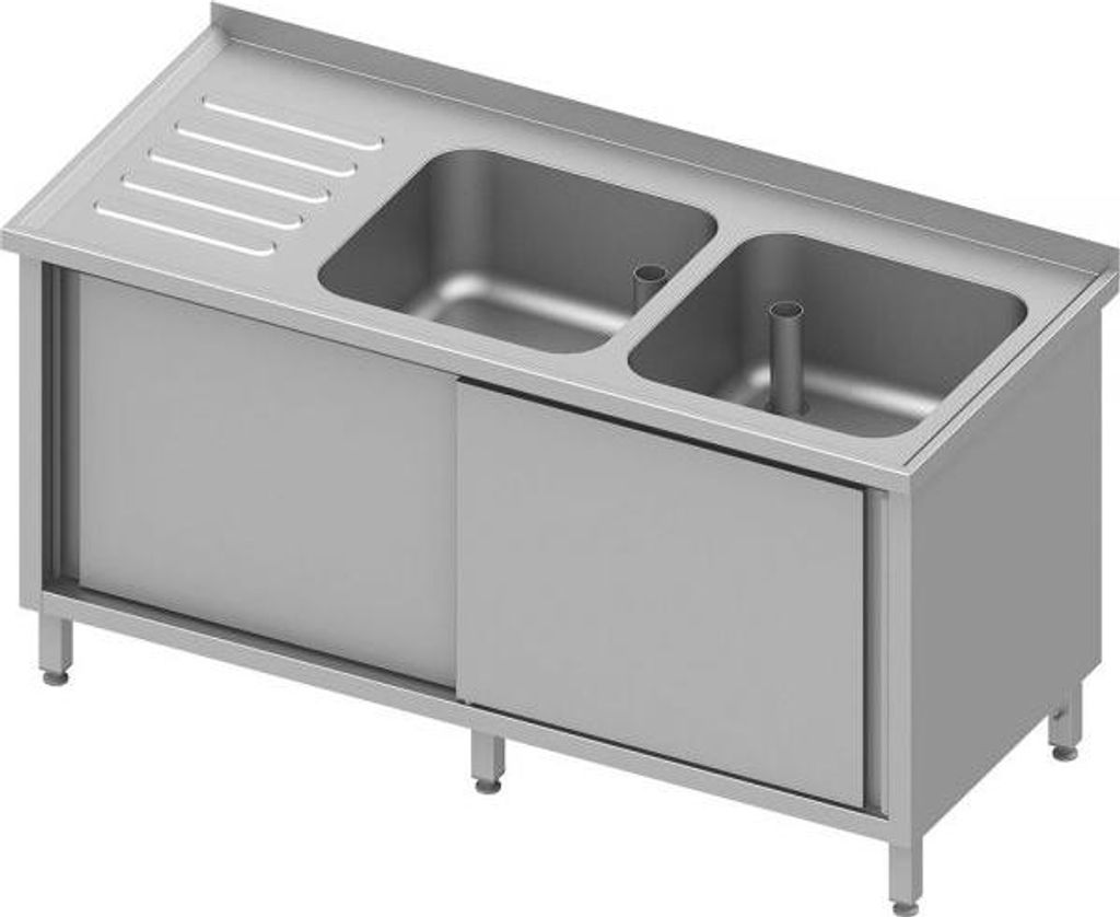 Spülschrank mit Schiebetüren, 1500x700x850 mm, mit zwei Becken rechts, mit Aufkantung, verschweißt