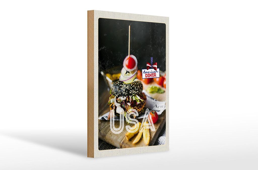 Holzschild Reise 20x30cm Amerika Burger Fast Food Gerichte