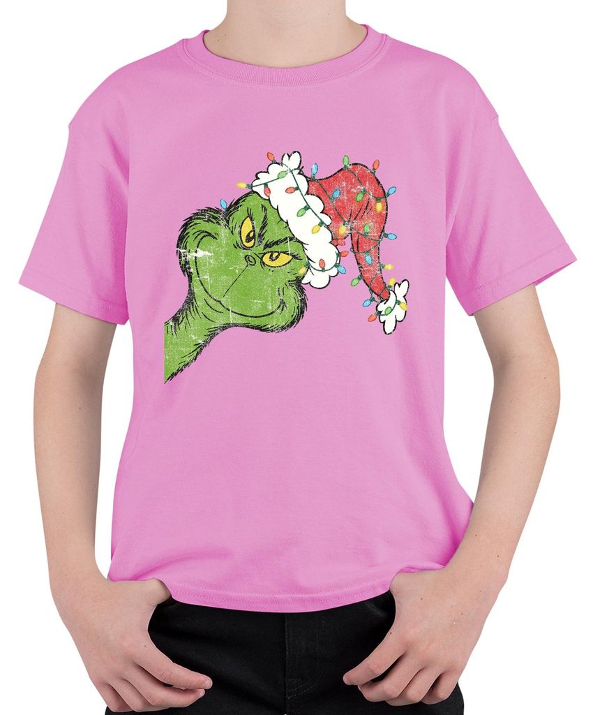 Grinch Gesicht Lichterkette Weihnachtshut Weihnachtsfilm Weihnachten Uni Kinder T-Shirt, Pink, 116